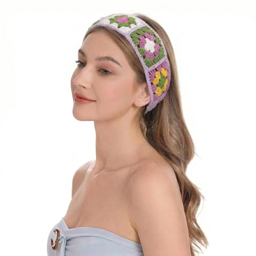 ZLYC Women Floral Headband Handmade Crochet Knit Vintage Hair Bands (Floral Purple) - color: Floral Purple