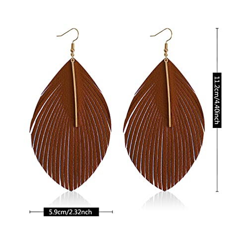 Minimalist Handmade Lightweight Large Soft Faux Leather Fringe Feather Dangle Drop Earrings Bohemian Huge Leaf Hook Earrings with Bar for Women - color: Brown