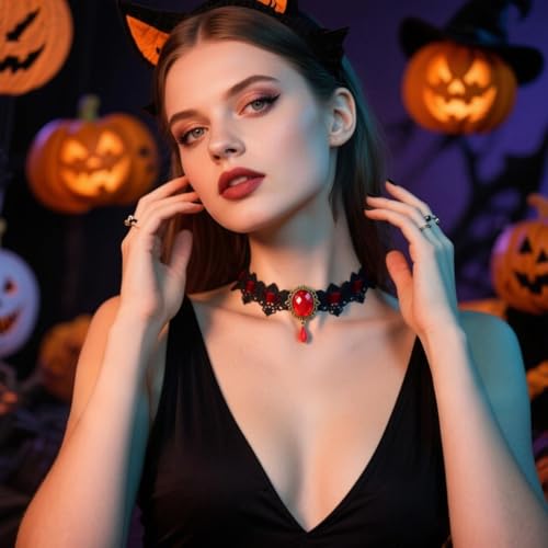 Gothic Vampire Choker Necklace for Women Adjustable Vintage Victorian Mystery Pirate Witchy Jewelry Emo Punk Black Lace Choker Costume - color: red