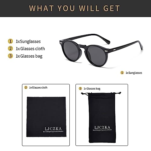 LJCZKA Round Polarized Sunglasses for Men Women Retro Small Face Sunglasses Polarized Vintage Sun Glasses UV400 Protection - color: Black Grey