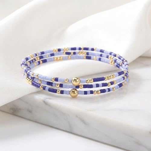 Dainty Gold Plated Tiny Ball Colorful Beaded Stack Bracelets Sets for Women,3Pcs Stackable Cute Bracelet Stretch Trendy Ball Jewelry Friendship Gift - color: blue