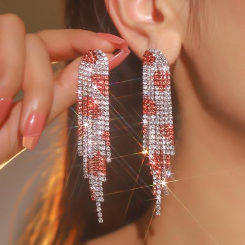 Rhinestone Tassel Earrings Sparkly Long Fringe Crystal Chandelier Dangle Drop Earrings Wedding Party Prom Earrings Premium Iridescent Earrings Wedding Party Jewelry Gifts for Women - color: Silver+Red1