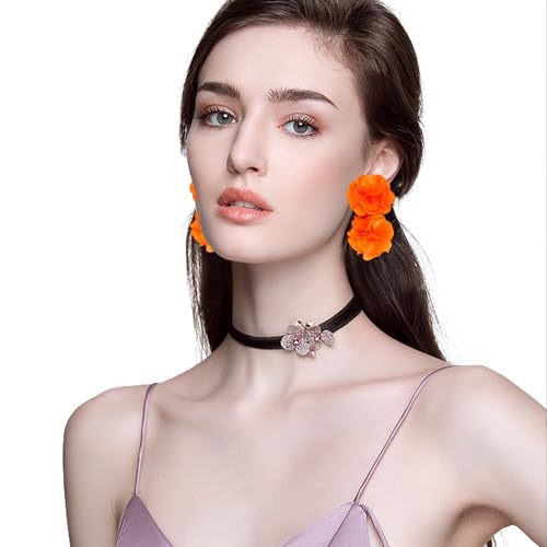 Oversized Fabric Flower Earrings for Women Statement Boho Chic Dangle Drop Earrings for Parties Weddings or Everyday Wear - color: Orange
