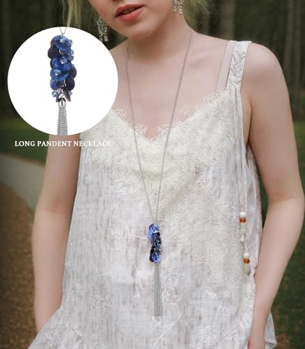 Noessla Boho Long Pendant Necklaces for Women Silver Tassel Long Necklace Sweater Chain Mothers Day Gifts Silver Costume Jewelry for Women - color: 81-Dark Blue
