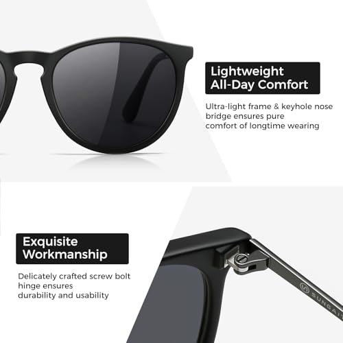 SUNGAIT Premium Vintage Round Sunglasses for Women Men Classic Retro Trendy Style - color: 02 Black Frame (Matte Finish)/Polarized Gray Lens