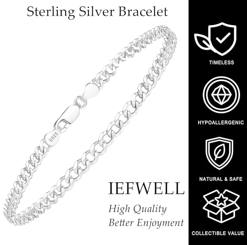 IEFWELL S925 Sterling Silver 14K Real Gold Plated Bracelet Hypoallergenic 4mm Diamond Cut Cuban Link 6.5 7 7.5 8 8.5 9 Inches for Men Women Jewelry Gifts - color: 925-Sterling Silver, size: 8.5 Inch-Women's X-Large & Men's Large