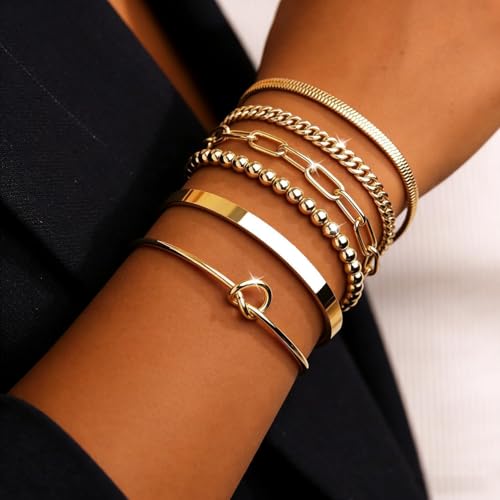 6Pcs 14K Gold Plated Bracelets for Women Layered Bangle Cuff Stack Set Adjustable Stacking Jewelry Set Gifts - color: 6PC-gold