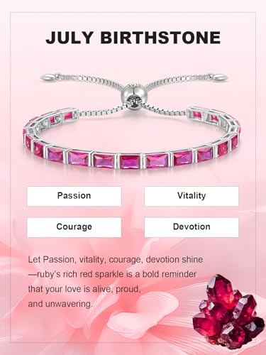 Radiant Cut Birthstone Tennis Bracelets for Women, Adjustable 6–9 Inches White Gold Plated Sterling Silver Bracelet, Hypoallergenic Anniversary Birthday Valentine’s Day Gift for Her - color: 07-Ruby