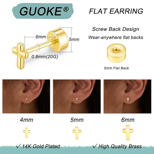 3 Pair Tiny Flat Back Earrings for Women - 14K Gold/White Gold Plated Dainty Cute Small Screw Flatback Stud Earring, Everyday Wear Gift - color: Cross Flat-4/5/6mm Gold