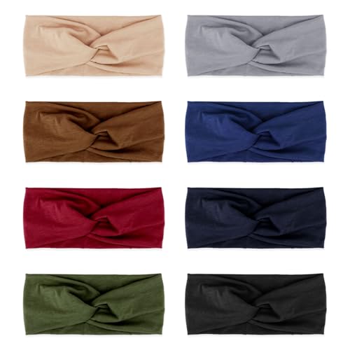 DRESHOW 8 Pack Headbands for Women Yoga Knotted Headbands Elastic Criss Cross Hair Accessories Sports Head Wrap Non Slip - color: 8 Pack: Earth Tones