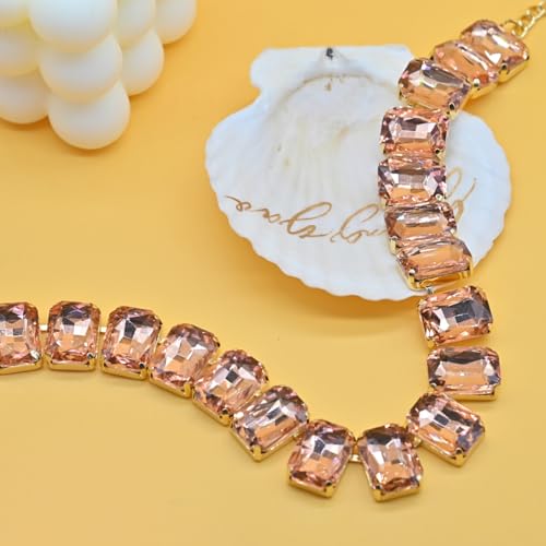 Fashionable Chunky Plated Tennis Rhinestone Statement Necklace Jewelry Set for Women Multicolor gem necklace with Great Sparkle and Shine Design for Women to Easy Match - color: pink square Rhinestone
