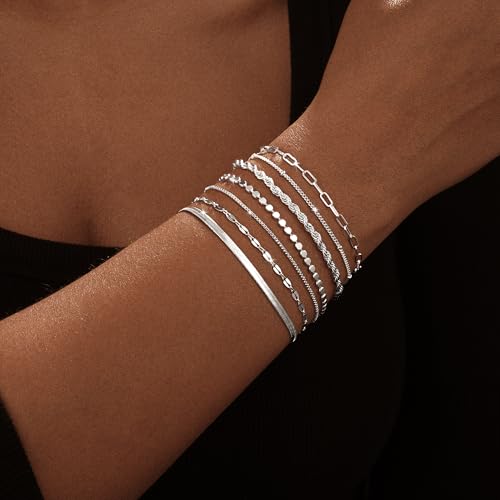 Kyerlyn Silver Bracelets for Women Trendy Waterproof Silver Dainty Bracelet Stack Adjustable Layered Bracelet Set Minimalist Fashion Jewelry