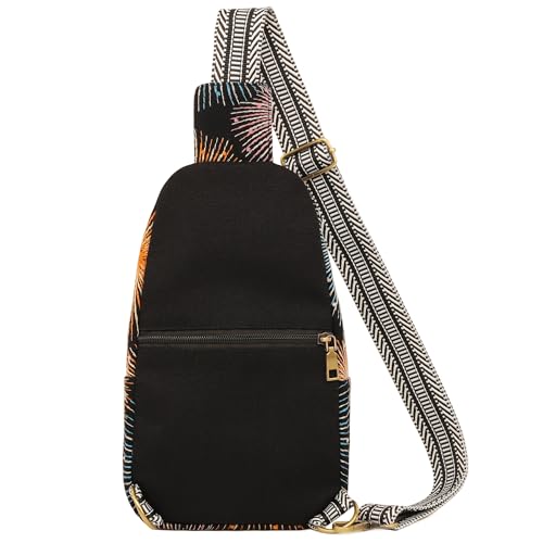 SILKAREA Canvas Sling Bag for Wome Crossbody Purse Small Sling Backpack Purse Travel Hiking Chest Bag Daypack - color: Embroidered Fireworks Black