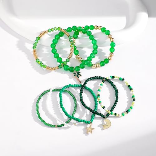 Shell Bracelet Seashell Boho Beaded Stretch Bracelets for Women Summer Beach Bracelets Starfish Charm Bracelet Stackable Gold Plated Bracelets Set for Women - color: f-green1