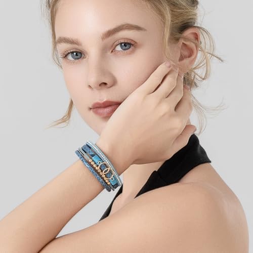FANCY SHINY Boho Leather Wrap Bracelet Stackable Infinity Chunky Cuff Bracelets Western Hippie Outfits Jewelry Valentine Gifts for Women - color: Snakeskin Blue