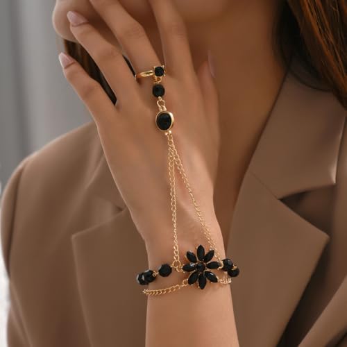 Hand Chain Bracelets for Women Elegant Gemstone Flower Hands Harness Bracelet Adjustable Finger Ring Bracelet Hand Chain Wrist to Finger Hand Jewelry Gift for Women - color: Black