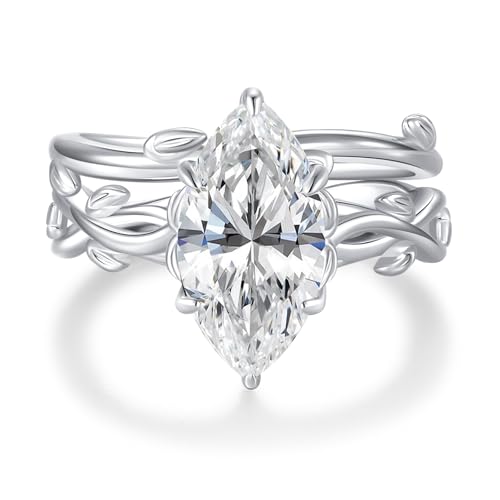 4CT Moissanite Marquise Engagement Ring Set for Women, Vintage Vine D Color VVSI 14K Gold Plated Promise Wedding Band, Bridal Festival Gift with Certificates - color: White Gold, size: 7