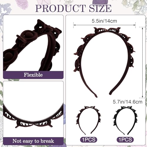 2 Pcs Headband with Clips, 90s Butterfly Hair Clips Headband with Teeth for Women, Braided Weave Bangs Non-Slip Clip Headbands Hair Accessories for Styling Decoration - 2 Colors - color: 2 Pcs,Flocked Black/Flocked Dark Coffee