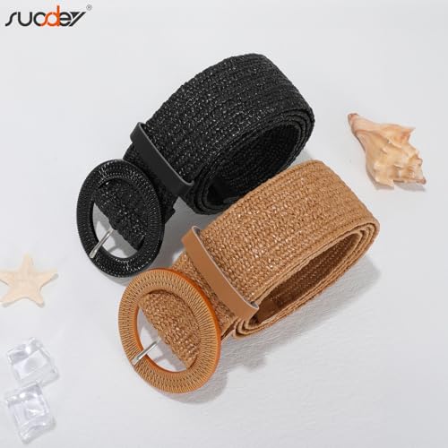 SUOSDEY 2 Pack Straw Woven Elastic Belt Braided Stretch Wide Boho Rattan Waist Belt for Women Dresses - color: 03-brown+black, size: Fit Waist up to 35''