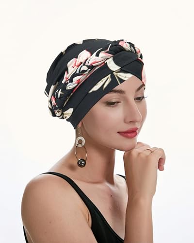 ZLYC Chemo Headwear for Women Pre Tied Turban Headwear Lightweight Beanie Hat - color: Braid Floral Black