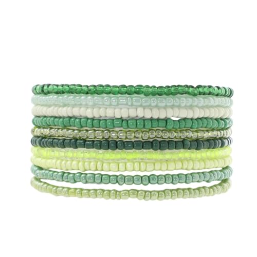 Boho Stackable Rice Beaded Bracelet Set for Women 8-10Pcs Colorful Handmade Multilayered Crystal Beads Bracelets Summer Beach Bohemian Jewelry Gift - color: A Green