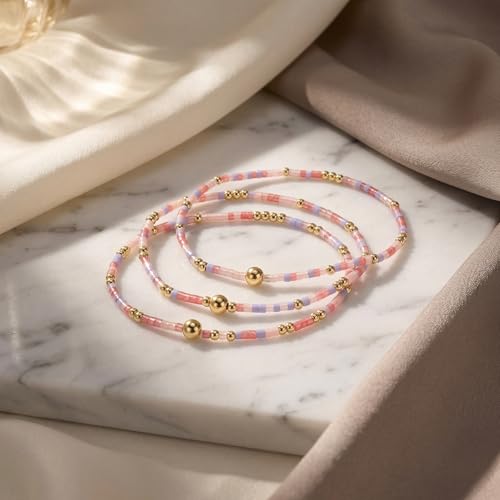 Dainty Gold Plated Tiny Ball Colorful Beaded Stack Bracelets Sets for Women,3Pcs Stackable Cute Bracelet Stretch Trendy Ball Jewelry Friendship Gift - color: pink