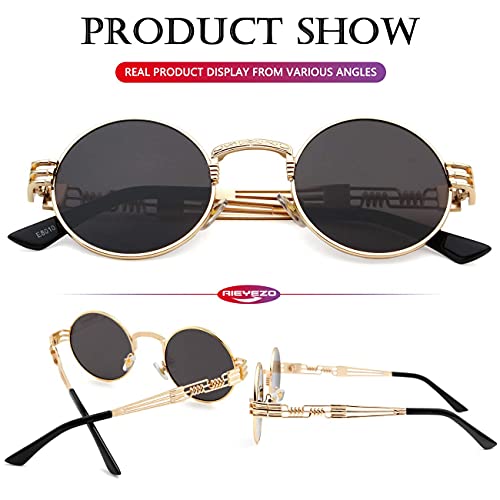 AIEYEZO Round Steampunk Sunglasses for Men Women Retro Circle Hippie Glasses Metal Frame 100% UV Blocking Lens - color: 2 Pack (Gold/Grey, Black/Grey)
