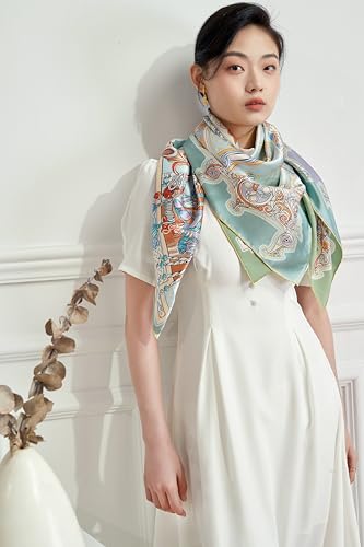 100% Silk Scarves, Extra-Large and XX-Large - color: Dream Reminiscing, Green & Blue, Double-sided, Hand Rolled Edges