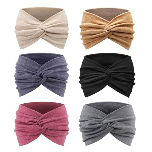 DRESHOW 6 Pack Extra Wide Headbands for Women Large Turban Headband Boho Head Wrap Elastic Hairbands Hair Twisted Knot Hair Accessories - color: 6 Pcs: Black, Begonia Red, Earthy Brown, Grey, Beige, Navy Blue