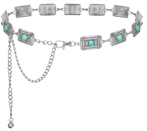 Women Western Chain Belt Adjustable Turquoise Metal Waist Chain Boho Chain Link Belt for Jeans or Dresses - color: Turquoise Square Silver, size: XL: 59 in/150 cm