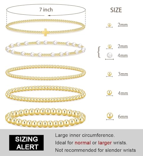 Gold Beaded Bracelets for Women, 14K Real Gold Plated Jewelry for Women Dainty Pearl Bead Bracelets Stack, Non Tarnish Trendy Stackable Ball Cross Stretch Bracelet Set Fashion Accessories Gifts - color: Gold cross bead