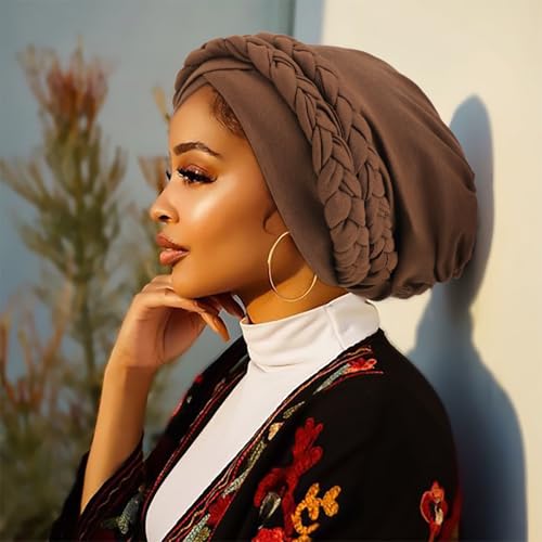 African Women Turban Caps Pre-Tied Twisted Turbans Head Scarf for Women Hair Wraps Cover Beanie Cancer Chemo Headwear - color: 1 Pack Double Twisted Braid A: Coffee