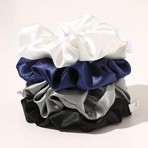 Ivyu Scrunchies, 4 Pack Silk Scrunchy for Girls Women Cute Hairties Hair Accessories Soft Ropes Ponytail Holder, White, Black, Navy, Gray - color: White Black Navy Gray