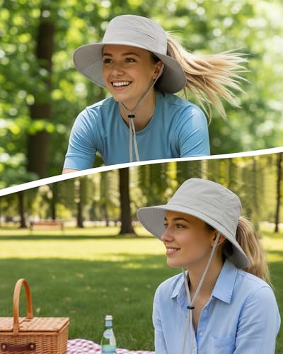 Womens Ponytail Sun Hat Packable UPF50+ Waterproof Bucket Hat Hiking Fishing Safari Hat Foldable Beach Hat - color: Griege