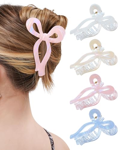 Mesovor 4 Pack Elegant Bow Hair Claw Clips, Nonslip 4.3" Large Hair Grip Hairclips for Thin and Thick | Acrylic Hair Strong Hold Hair Jaw Clamps (Mermaid Stripes) - color: Mermaid Stripes