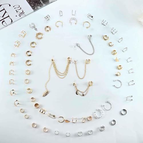 66Pcs Ear Cuff Earrings for Women Non Piercing, Fake Earrings, Silver Clip on Cartilage Earrings for Sensitive Ears Gold Ear Wrap Earrings for Helix Cartilage Butterfly Ear Cuffs Non Piercing