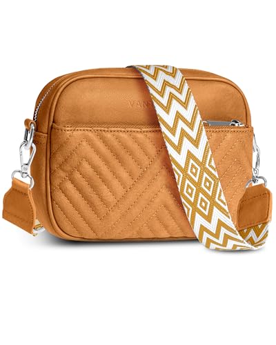 Vantamo Premium Quilted Crossbody Bags for Women with Anti-Pickpocket Clip, Vegan Leather Handbags, Travel Purses for Women - color: Shoulder Bag Lightbrown Jacquard Strap
