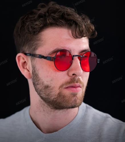 AIEYEZO Round Steampunk Sunglasses for Men Women Retro Circle Hippie Glasses Metal Frame 100% UV Blocking Lens - color: 2 Pack (Black/Red, Gold/Grey)