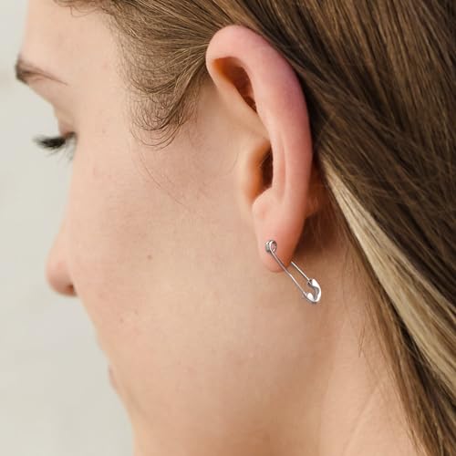 CHIC & ARTSY 925 Sterling Silver Safety Pin Earrings - Lightweight Comfortable Punk Paperclip Cartilage Hoop Earrings, Trendy Industrial Style Jewellery for Women and Men - color: White-#2