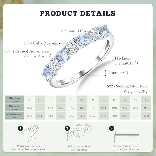 3.5mm Stackable Rings S925 Sterling Silver Created Birthstone & Cubic Zirconia Ring for Women Wedding Bands Anniversary Birthday Jewelry Size 6 to 10(with Box) - color: 03-Created Aquamarine & CZ-Mar