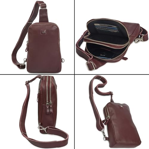Leather Sling Bag for Women Genuine Crossbody Purse Small Trendy Cross Over Chest with Phone and Credit Card Slots (Burgundy Nappa) - color: Burgundy Nappa