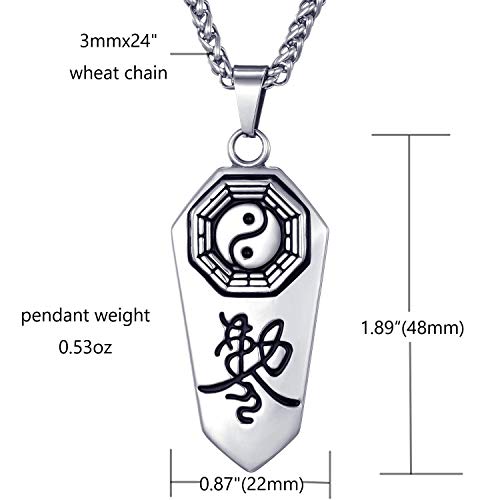 Men's Stainless Steel Necklace Taoist Yin Yang Taichi Symbol Amulet Pendant with 24 Inches Link Chain