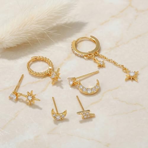 6 Pcs/6 Pairs Hypoallergenic 925 Sterling Silver Stud Post 14K Gold Earrings for Women Moon Star Hoop Stackable Cubic Zirconia Chain Dangle Earring Set Stacks for Multiple Piercings - color: Gold Moon Star
