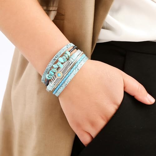 Long tiantian Boho Leather Wrap Bracelets Western Bracelets for Women Stackable Starfish Crystal Pearl Turquoise Leather Bracelet With Clasp Jewelry Gifts Boho Dresses - color: A5:BLUE Bracelet