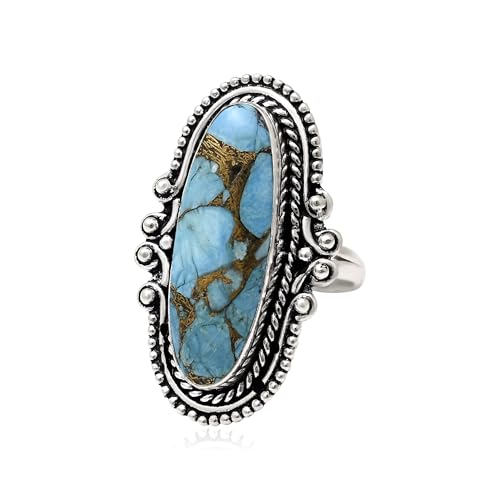 925 Sterling Silver Blue Copper Turquoise Ring for Women – Handmade Oval Statement Ring with Purple Turquoise Option, Vintage Boho Jewelry Gift