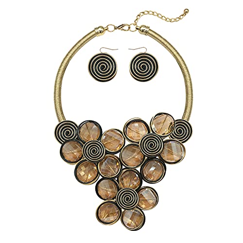 Statement Chunky Flower African Necklace For Women Tribal Fashion Costume Jewelry Earring Sets Unique Big Colorful Rhinestone Crystal Pendent Collar Choker Bib Handmade - color: three flowers amber color