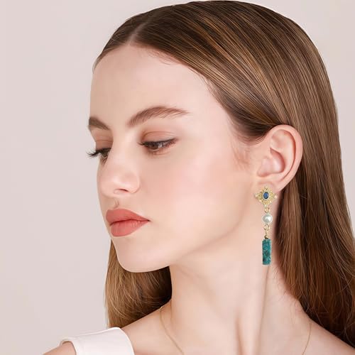 Boho Earrings for Women Natural Stone Beaded Handmade Vintage Dangle Earrings Bohemian Lightweight Hypoallergenic Jewelry for Dailywear Festival Occasions - color: light blue boho