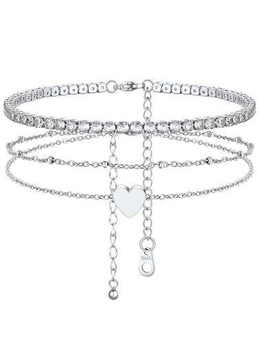 FindChic Black/Silver/Gold Plated Anklets Set of 2PCS/3PCS Herringbone Chain Cuban Link Heart Charm Sparkling Tennis Ankle Bracelets, Waterproof Summer Foot Jewelry for Beach - color: 05. Silver-2PCS Tennis & Beaded Heart