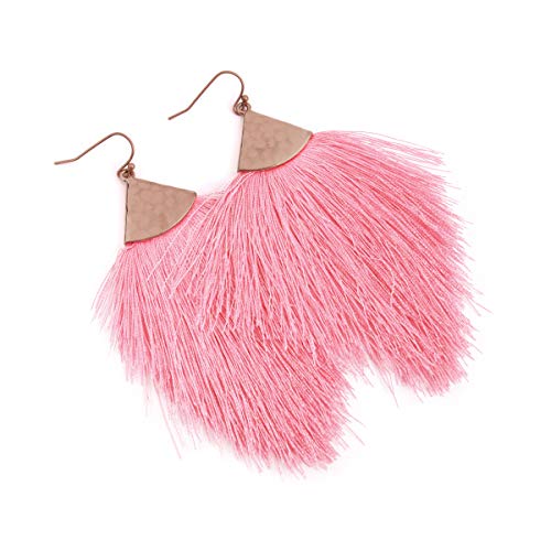 Bohemian Silky Thread Fan Fringe Tassel Statement Earrings - Lightweight Strand Feather Shape Dangles - color: Feather Fringe - Pink