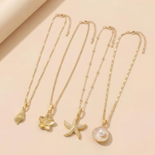 Shell Starfish Necklace for Women, Gold Plated Boho Layered Pendant Necklace with Pearl Conch Charm, Dainty Coastal Summer Beach Vacation Jewelry Gifts - style: Flower 4pcs